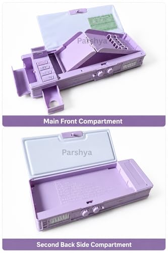 Image of KiddieWorld Purple Multifunction Pencil Box for Girls with 2-Digit Password Lock, Built-in Sharpener & Calendar, Dual Sided Magnetic Geometry Compass Box with Pop-up Buttons, School Gift