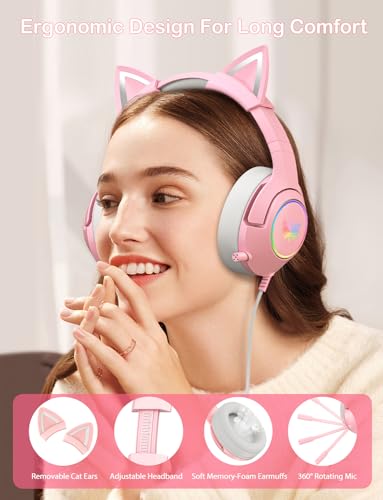 PHNIXGAM Gaming Headset for PS4, PS5, Xbox One Series X/S(No Adapter), PC, Laptop, 3.5mm Cat Ear Headphones with Retractable Microphone, RGB Backlight and Surround Sound (Pink) - Image 4