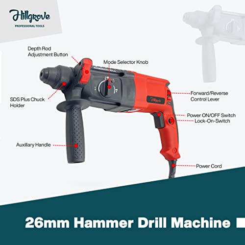 Image of Hillgrove HGCM1041M6 All Purpose 26mm Hammer Impact Drill Machine Forward /Reverse Rotation with 5Pcs SDS Plus Bits for Making Holes in Metal /Wood /Concrete Hammer Drill (26 mm Chuck Size, 1200 W)