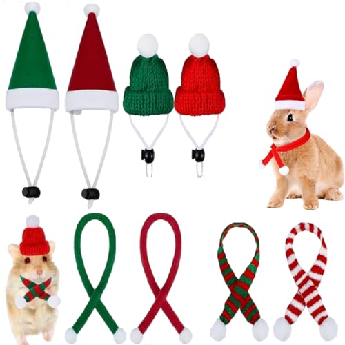 Conjunto de 8 peças de fantasia de animal pequeno de Natal, chapéu de cobaia, gorro de pai natal para coelho, hamster, furões, chinchila, ouriço, pequenos animais de estimação, acessórios de roupa