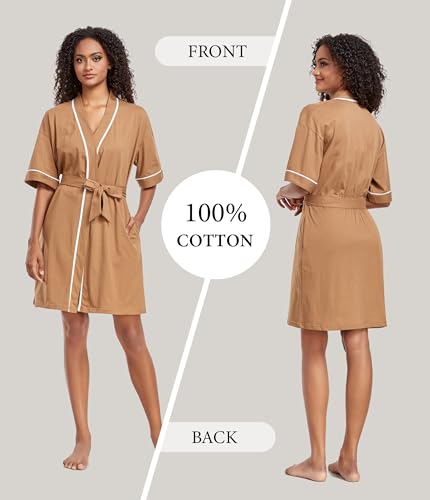 Image of ANLIQI Womens 100% Cotton Robes Lightweight Summer Short Sleeve Lady Bathrobe Knee Length Kimono Robe Sleepwear with Pockets