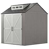 Rubbermaid Resin Weather Resistant Outdoor Storage Shed, 7 x 7 ft., Simple Gray/Onyx, for Garden/Backyard/Home/Pool
