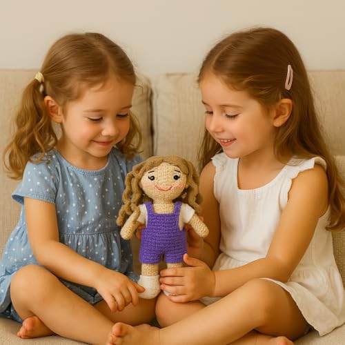 Image of Sutra Handmade Crochet Doll in Purple Overalls & White Top | Wool Amigurumi Soft Toy | Handmade Gift for Kids, Nursery & Home Decor