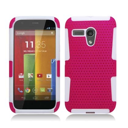 Aimo Wireless Progressive Hybrid Gummy Mesh Defense Case for Motorola Moto G - Retail Packaging - White/Hot Pink