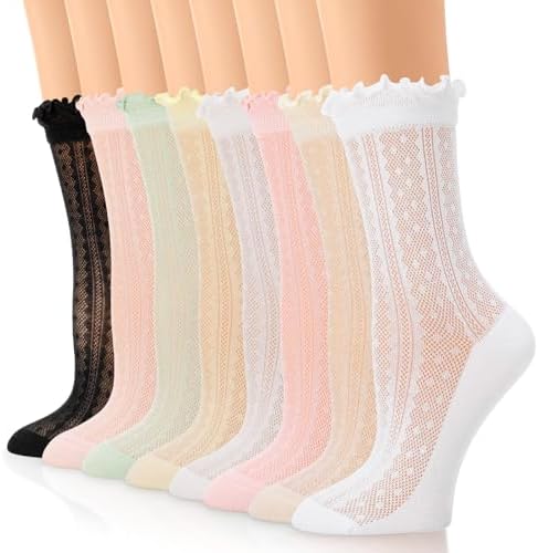 Women's Ruffle Socks, 6 Pairs Thin Sheer Crew Sock Cool Elegant L...