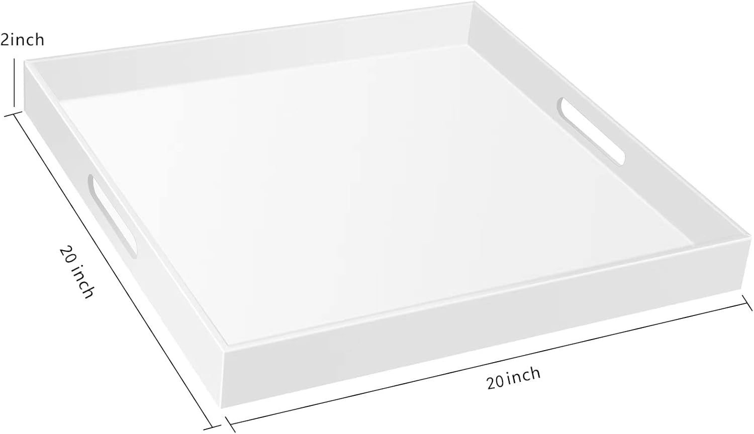 20×20 Inches Oversize Extra Large Sturdy Glossy White Acrylic Serving Tray King Size Decorative Big Ottoman Trays with Cut Out Handles Water Proof Bed Tray Coffee Counter Top Organizer