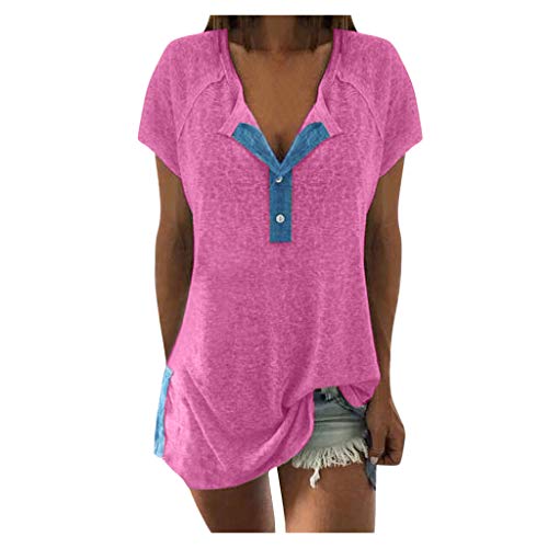 Sunhusing Clearance Price!Women s Button Buckle Casual Short Sleeve T-Shirt Neckline Patchwork Shirt (XL, Hot Pink)
