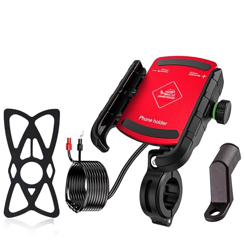 Image of GRAND PITSTOP Mobile Holder for Bikes, Motorcycle, Scooter, Bicycles, Jaw Grip with Charger Bike Mobile Holder for Maps and GPS Navigation with 360 Rotation Aluminium Handlebar Phone Mount-Red