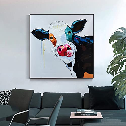 Grand tableau vache peinture à l'huile sur toile moderne art mural chambre 70x70 cm - 7