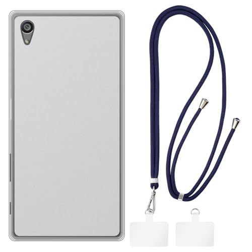 Shantime Funda y Correa Cruzada Compatible con Sony Xperia Z5 Premium Funda para Teléfono y Cinta de Cuello Ajustable con Hebillas Metálicas y 2 Parches(Blanco + Azul)