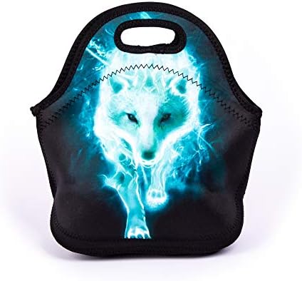 Cool Cyan Wolf Lunch Bag Blue Walking Wolf Lunch Bags for Women Kids Girls Teen Boys Insulated Waterproof Lunch Tote Animal Printed Box for Work Travel and Picnic