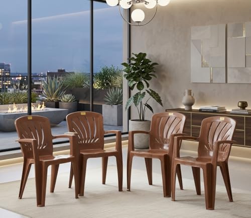 Image of Single Plastic Chair for Home & Outdoor Use | Heavy Duty Comfortable Chair with Strong Legs | Easy to Clean | Suitable for Living Room, Balcony (Pack of 4-Elba | Sandalwood)