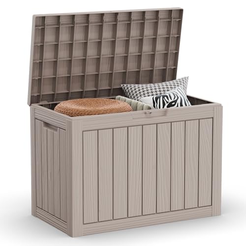 PATIOEASY Outdoor Storage Deck Box Waterproof,50 Gallon Lockable Patio Package Delivery Bin as Seat, Resin Storage Container Bench for Furniture Cushions, Pool Accessories, Garden Tools, Grey