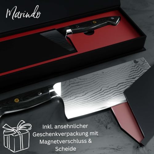 Foto von Marindo Chinesisches Kochmesser Edelstahl | 18cm Klingenlänge | Küchenbeil mit dreifach genietetem Holzgriff | Hackmesser chinesisch | Fleischmesser extrem scharf | Inkl. Geschenkbox