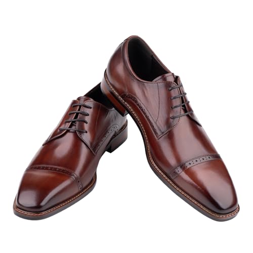 Image of Men Cap Toe Derby Shoes Open Lacing Wide Fit High Instep Full Grain Polished Leather Brogue Formal Dress Shoes for Wedding Groom Business Black Tie