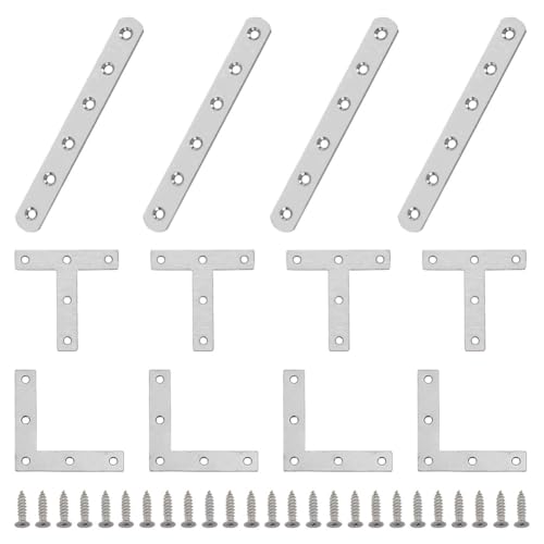 AHANDMAKER 12 soportes de acero inoxidable de 3 estilos, L, T, soporte en forma de I, placas de reparación de metal con tornillos para mesas de madera, sillas, sofás, camas, armarios, reparación de