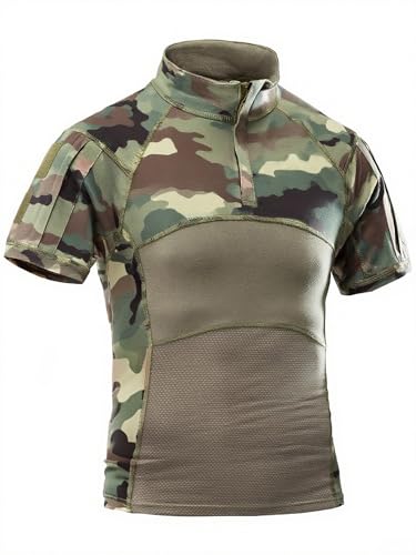 AKARMY Men's Military Short Sleeve T-Shirt, Tactical Cargo Pullover Polo Shirts, Outdoor Camo Shirt with 1/4 Zipper