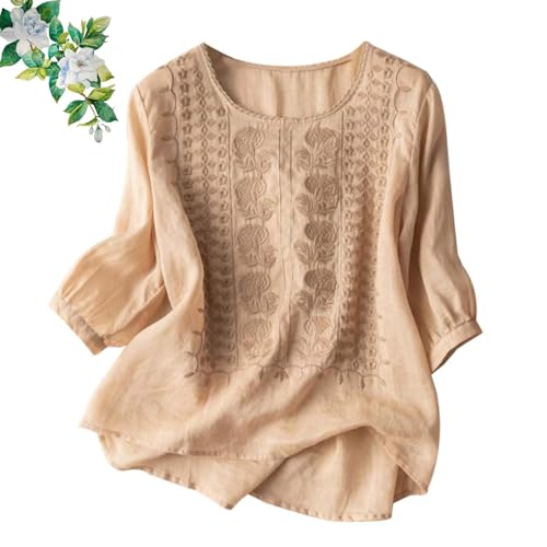 Blusa de lino y algodón bordada para mujer, ligera, retro, manga 3/4, elegante, casual, holgada, bohemia, caqui, 4XL