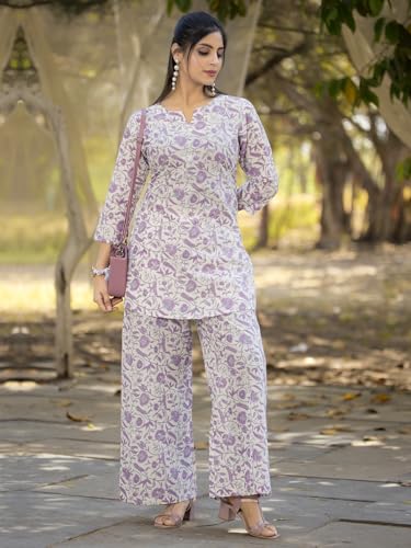 Image of Pinkmint Printed Pure Cotton A Line Co Ord Set for Women l Stylish 3 /4 Sleeve with Side Pocket l Two Piece Summer Set