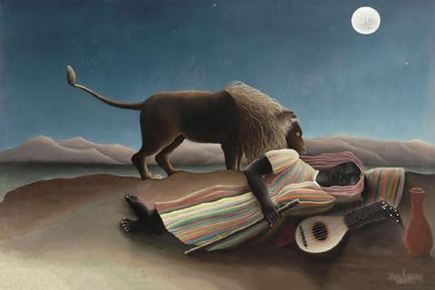 Henri Rousseau – La Gitane endormie – Poster d'art imprimé – 91,5 x 61 cm + 2 barres de posters en bois 92 cm Naturel