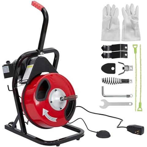 Drain Cleaner Machine, 50FT_1/2inch Professional Automatic Electric Drain Auger for 1 to 4 Inch Pipes, Portable Electric Drain Snake With 4 Cutters & Foot Switch and Pair of Gloves Cover
