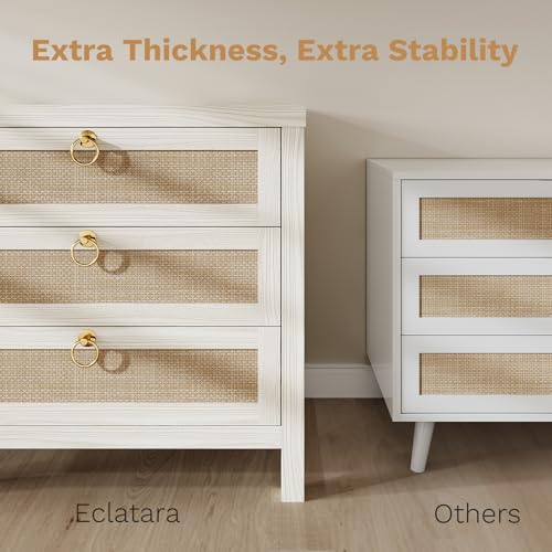 Image of Eclatara Large Rattan Night Stand Set of 2: Boho Nightstand with 3 Drawers, White Storage Bedside Table End Table Side Table for Bedroom(Cream White Oak,2 Pieces)