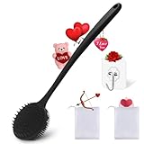 Silicone Body Scrubber for Shower Men Women – Dual-Sided Exfoliating & Massage Shower Brush with Long Handle, Creates Rich Lather, Includes 1 Hook & 2 Lather Balls (Black).