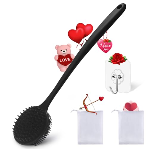 Silicone Body Scrubber for Shower Men Women – Dual-Sided Exfoliating & Massage Shower Brush with Long Handle, Creates Rich Lather, Includes 1 Hook & 2 Lather Balls (Black).