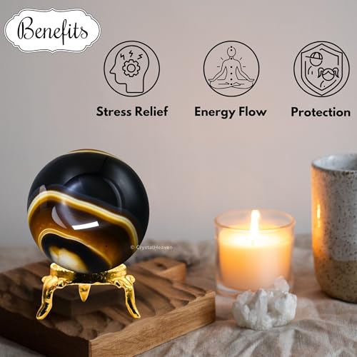 Image of Certified Black Onyx Crystal Ball for Meditation - Premium Crystal Vastu Items for Home and Feng Shui Items for Good Luck - Ideal for Pooja Supplies and Spiritual Practices (1.5 inch Inch)