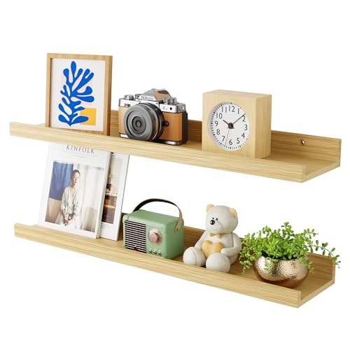 YEMNMFH 24 Inch Bamboo Floating Shelves - Picture Ledge Shelf with Lip Set of 2, Hanging Bamboo Wall Shelf for Storage, Natural Wood Floating Shelves for Living Room, Bedroom, Kitchen