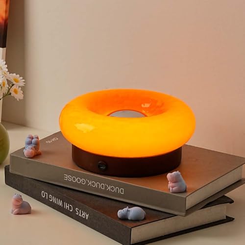 AoLa Orange Donut Lampe LED Holz Tischlampe Akku mit Touch Schalter Tischleuchten lnnen 3 Farbtemperatur Dimmbar 3000K-6000K Nachttischlampe Modern Rund Donut Design Glas Nachtlicht,Orange