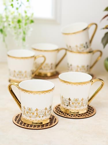 Image of Clay Craft Fine Ceramic Gold Printed Tea /Coffee Cup Set of 6-200 ml Each (Ebony E699), Tea Cup Set of 6, Mugs for Coffee, Cups Set of 6, Mug Set, Ideal for Gifting, Perfect for Home and Office