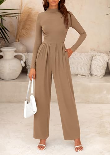 PRETTYGARDEN Jumpsuits For Women Dressy Fall Fashion Clothing 2025 Long Sleeve Mock Neck Date Night Rompers Business Outfits