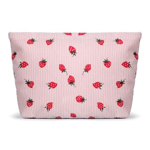 DOPENSPI Neceser para mujer, fresa, pequeño neceser de maquillaje, bolsa de aseo de pana, bolsa de maquillaje pequeña con cremallera