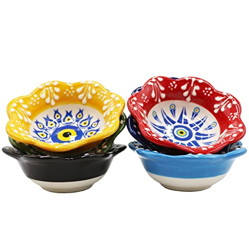 Heracraft 6Pcs Daisy Shaped Evil Eye Hand-Painted Ceramic Snack Bowls 3.74''/9.5Cm-77Ml/2.7 Oz Decorative Nazar Design Multi-Purpose Cute Set - Pinch Sauce Dipping Finger Small Serving Bowls #TOP3