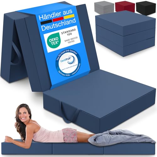 ELONEO Klappmatratze, Gästematratze, 3-teilige Faltmatratze, Schaumstoff extra dick (15cm), waschbar, Bandscheibenwürfel, klappbar, Faltbare Matratze, Erwachsene (Blau, 75 x 195 x 15 cm)