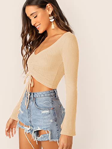 Image of SweatyRocks Women's Adjustable Drawstring String Long Bell Sleeve Rib Knit Sexy Crop Top