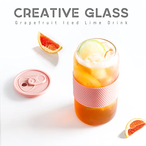 Bewave Drinking Glass, 16Oz Can Shaped Glasses Jar, Iced Coffee Cup, Beer Tumbler, For Cocktail, Soda, Tea, Juice, Gift, With Straw, Silicone Lid, Sleeve, 1 Pc, Pink #TOP2