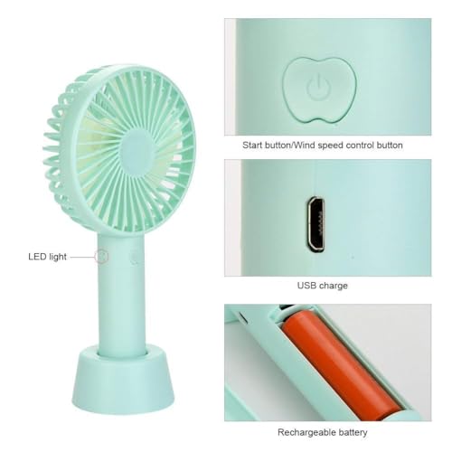 Image of Portable Handheld Fan, USB Rechargeable, 3 Speed Settings, Mini Desk Fan with Stand, Green, for Office Bedroom Outdoor Travel
