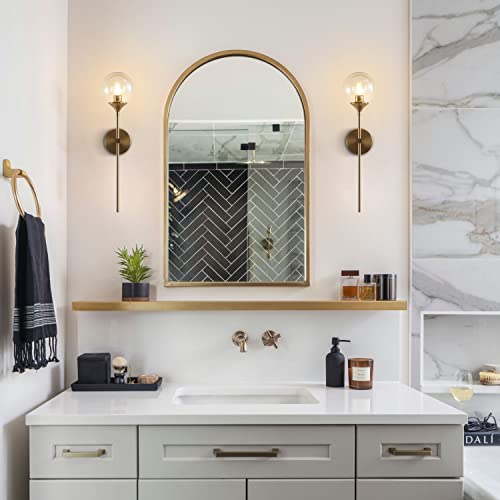 Kco Lighting Brushed Brass Gold Wall Mounted Sconce Mid Century Modern Wall Light Fixture Vintage Long Wall Lamp Amber Glass Wall Sconce Lighting Globe Round Wall Light (Amber) #TOP3