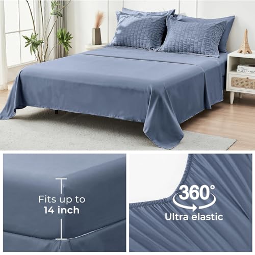 Image of HYMOKEGE Nordic Blue King Size Comforter Set Seersucker 7 Pieces, All Season Luxury Bed in a Bag for Bedroom, Bedding Set with Comforter, Sheets, Pillowcases & Shams