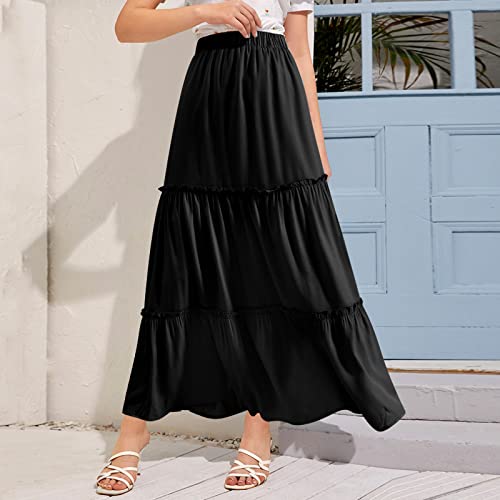 Bomarolan Women'S Boho Maxi Skirts Summer A Line Long Skirts Ruffle Swing Beach Skirts For Women Black M thumb #3