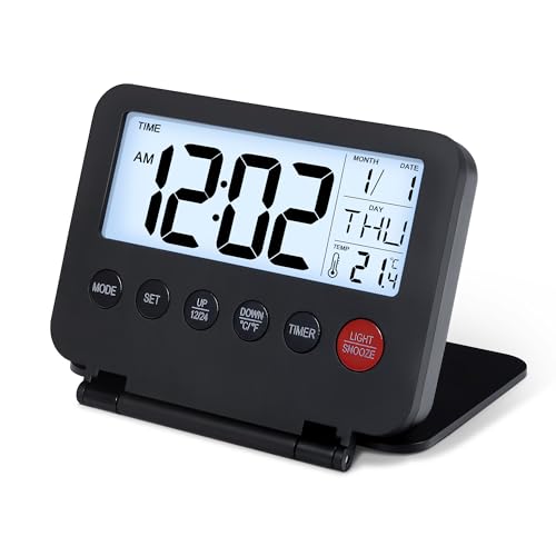 Lafocuse Reloj Despertador Digital, Reloj de Viaje LCD Pequeño Plegable a Pilas con Luz Nocturna, Temperatura y Calendario, Snooze, 12/24HR, Reloj de Mesa para Mesita de Noche, Escritorio, Dormitorio