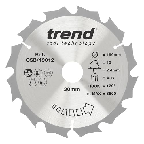 Image of Trend Wood Circular Saw Blade, 190mm Diameter, 30mm Bore, 12 Teeth, 2.4mm Kerf, +20° Hook, TCT, Coarse Finish, CSB/19012