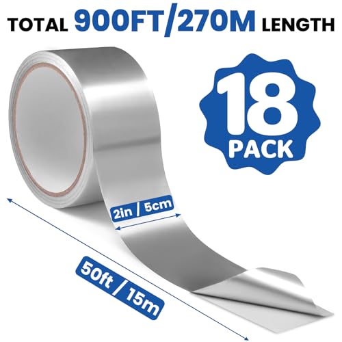 Image of NUITPY 18 Pack Aluminum Foil Tape, 3.9 mil 2 Inch x 900 Feet Total Foil Tape, Silver High Temperature Tape, Metal Tapes, Seal HVAC Tape, Insulation Foil Tape for Ductwork, HVAC, Dryer Vent, Seal