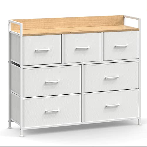 SONGMICS Cômoda, Armário para Quarto, 7 Gavetas de Tecido com Puxadores, Estrutura de Metal, Branco Nuvem BRLTS523W57