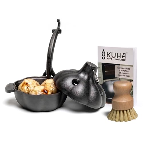 KUHA Cast Iron Garlic Roaster | Pre-Seasoned With Lid & Handle | 5.3 Wide
