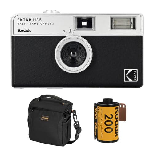 Kodak EKTAR H35 Half Frame Film Camera, Black, Bundle with Kodacolor Gold 200 35mm Color Negative Roll Film, 24 Exposure and Slinger Alpine Shoulder Bag