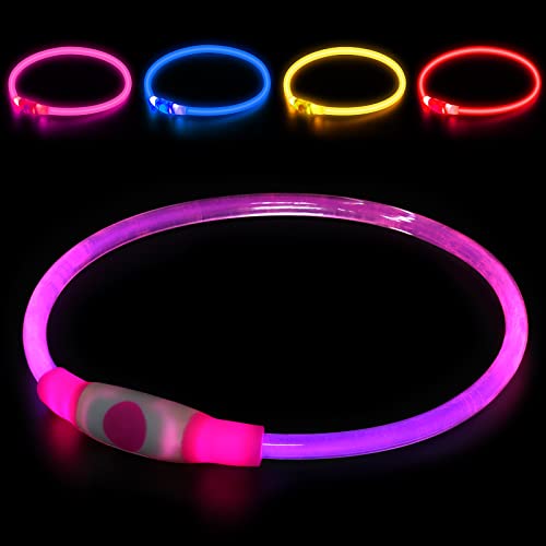 AUAUY LED Leuchthalsband Hund, USB Aufladbar Längenverstellbarer Haustier Sicherheit Kragen Zuschneidbares Wasserdicht Leuchthalsband für Hunde und Katzen, 3 Modus (Rosa)