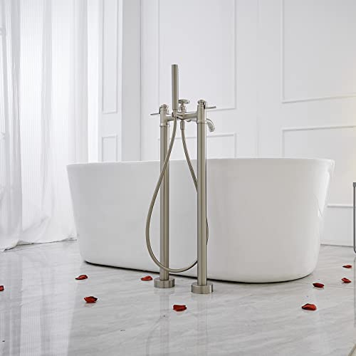 Bathfinesse Bathtub Faucet Floor Mount Tub Filler with Handheld Shower Two Handle Two Feet High Flow Rate Mixer Tap Bathroom Tub Faucet Freestanding,Brushed Nickel - Thumbnail 7